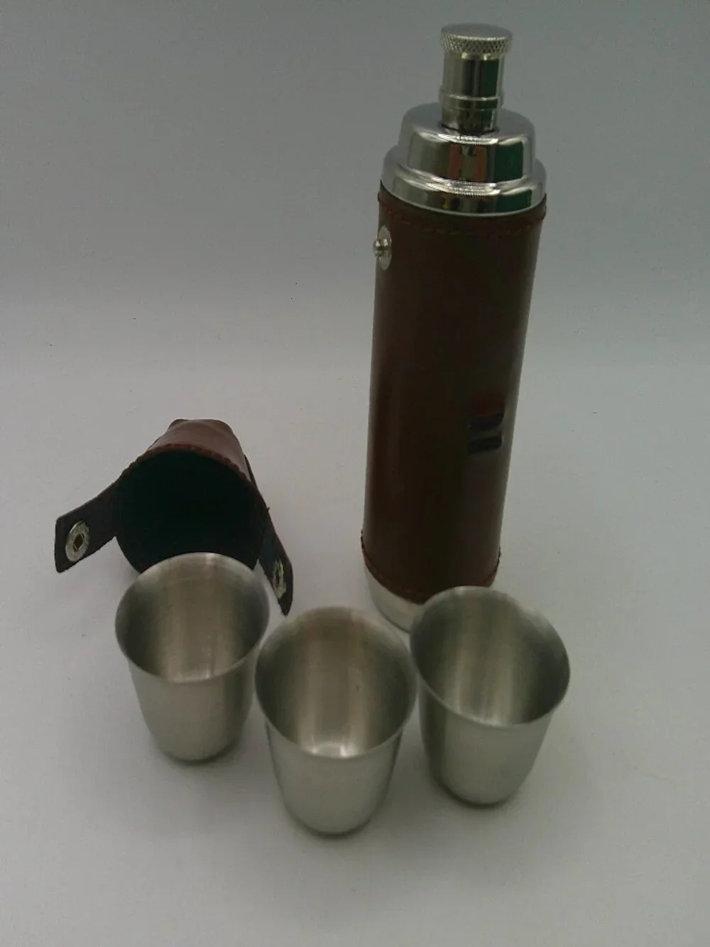 Dark Brown Leather Bottle Flask Stainless Steel 3 Cups H-6